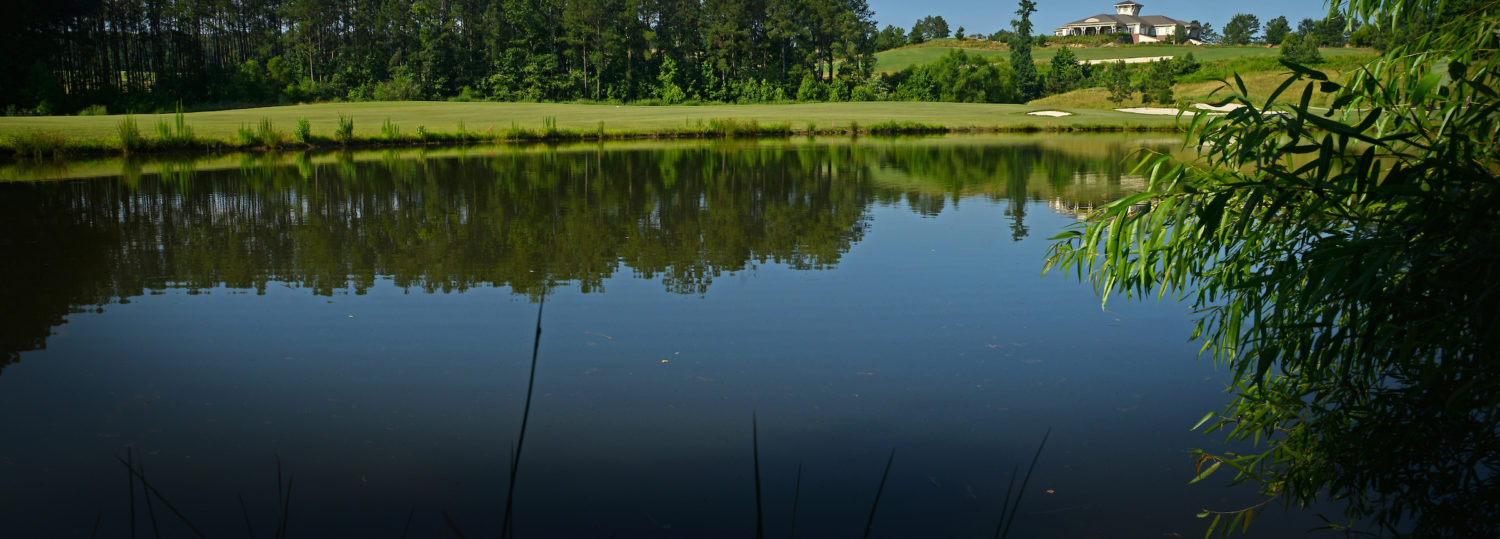 Trees reflect in a pond, with a fairway and the clubhouse in the background.