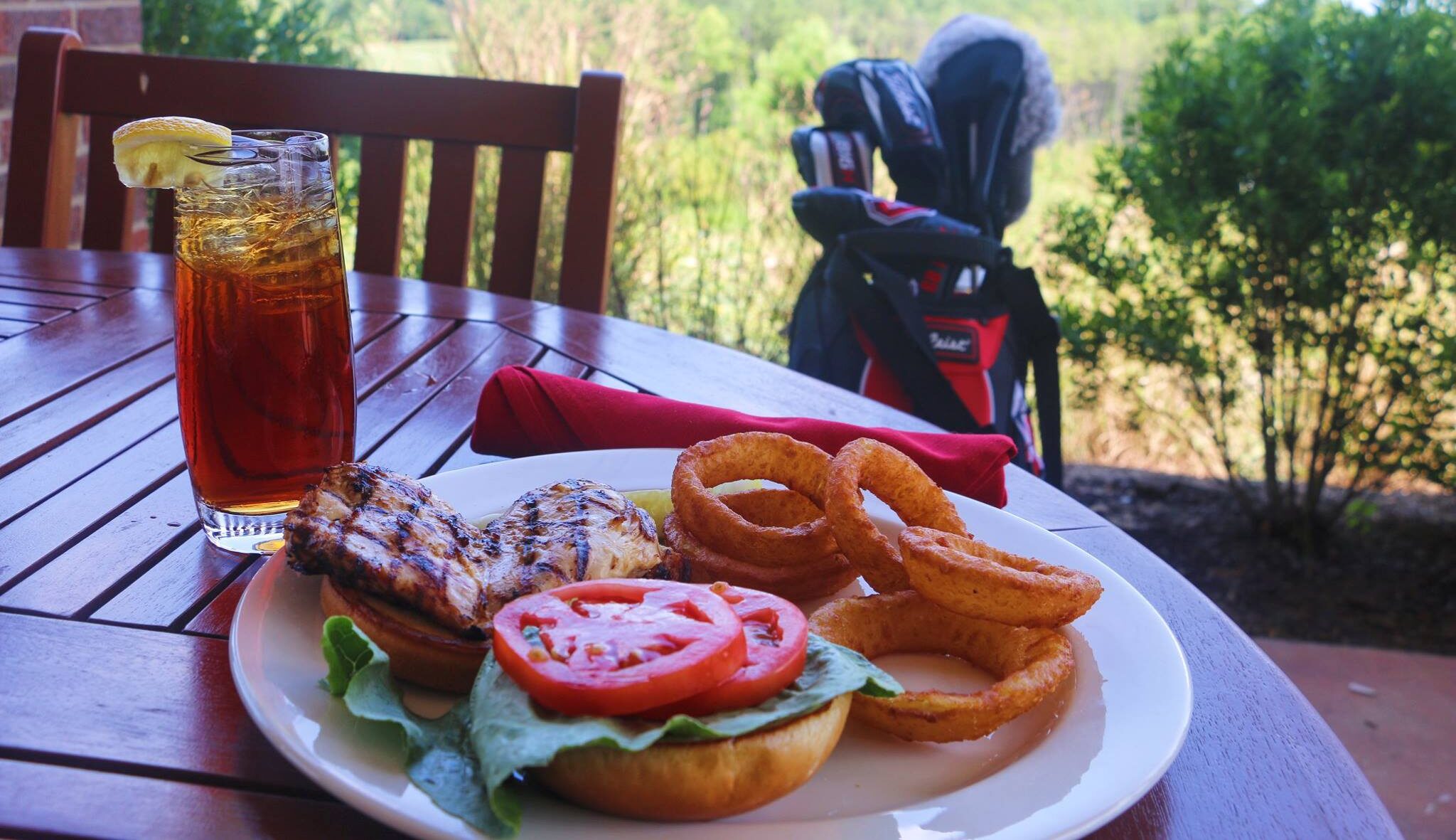 A burger and onion rings at the Terrace Dining Room.