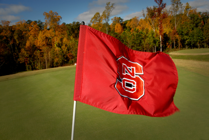 Flag on hole 2 of Lonnie Poole Golf Course whips in the wind.